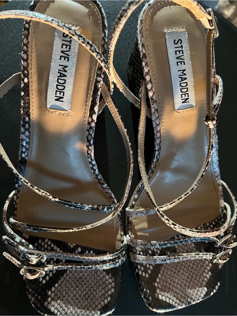 Steve Madden Brown Snake-Print Strappy Heels